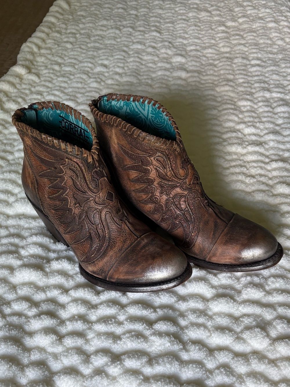 Corral LD Brown Glitter Leather Woven & Overlay Eagle Dizayn Ankle Boot